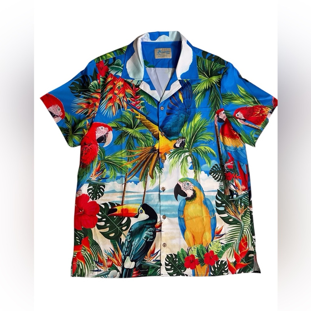 Hawaiian shirts bright colored parrots on the beach all over print men’s size XL